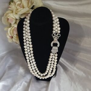Genuine  Pearl Necklace With Unique Clasp three Strands White